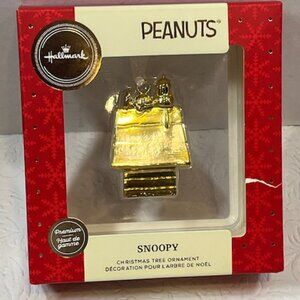 Peanuts Snoopy On Top of Doghouse Gold Christmas Tree Ornament 1.5"x2.5" NEW